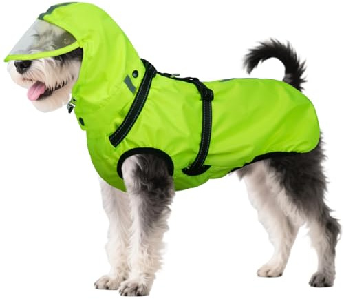 OUOBOB Hunderegenmantel wasserdicht, Regenjacke mit reflektierenden Streifen, H-Brustgeschirr (D-Ring) & Abnehmbarer Kapuze mit Visier, Ideal für mittelgroße/große Hunde [Neon Grün, Größe L]