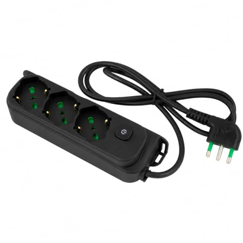 FANTON Multipresa OMEGA 40461, 3 Prese Bipasso/Schuko con Interruttore - Cavo 1,5m - Spina Italiana 16A Angolata - Colore Nero