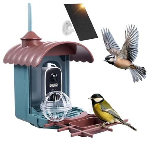 Vogelhaus mit 4MP Kamera Vogelfutterhaus Solar Vogelfutterspender & Futterstelle: Video/Fotoaufnahme, KI Identifizierung, Bewegungserkennung, Sofortiger Benachrichtigung, Nachtsicht, 2.4GHz WLAN