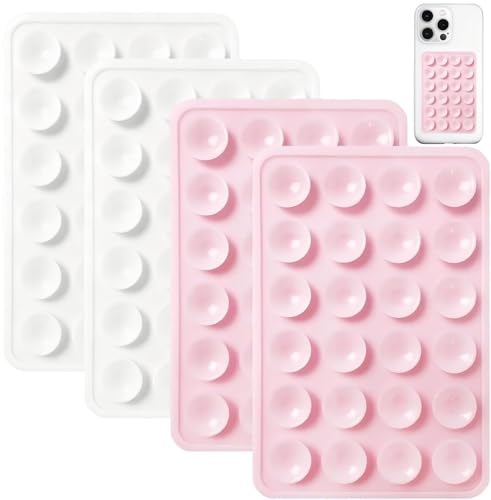 4Pcs Silicone Suction Phone Case Mount, Cute Hands-Free Sticky Phone Grip for Selfies Tiktok, Strong Adhesive Waterproof Compatible with iPhone & Android (White Light Pink)