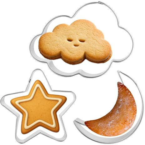 Star + Moon + Cloud Cookie Cutters, 3PCS Stainless Steel Cookie Cutter Set, Cute Biscuit Cutter for Cake, Fondant, Sandwich and Fruit, Funny Biscuit Mold for Birthday, Baby Shower, Gender Reveal Party