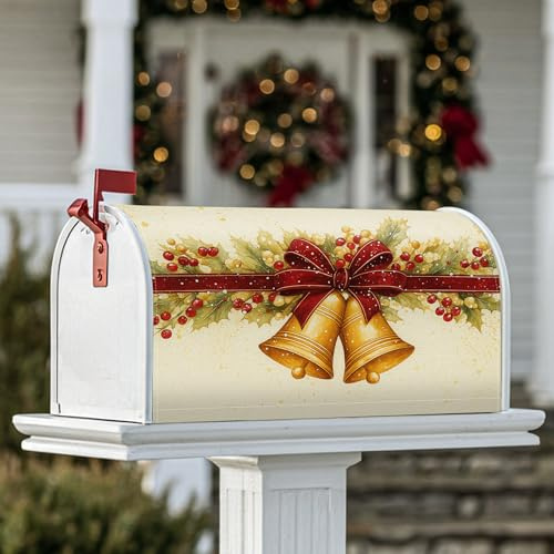 Bells - Coperture magnetiche per cassette postali, nastro natalizio con agrifoglio, decorazioni dorate per la casa e il giardino, 45 x 53 cm