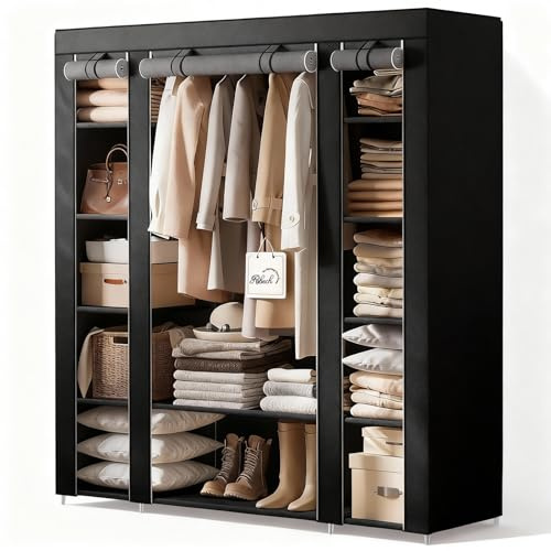 Ribech Armadio Tessuto con Stagione Appendiabiti e 12 Ripiani | 150 x 45 x 175 cm | In Tessuto Vlies e Tubi Metallici Robusti | Montaggio Rapido Senza Attrezzi per Camera e Cabina Armadio, Nero