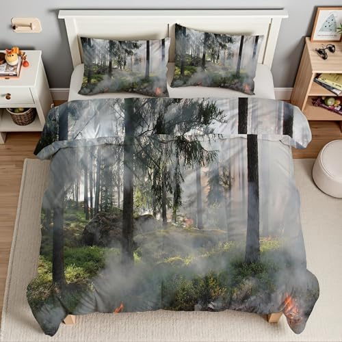 Generico Piumino Singolo Foresta Trapunte Fiamme Piumone Imbottito Resistente Lavabile, Super Morbida Trapunta, piumini 135x200 cm in Microfibra Reversibile e 2 Federa 50x80 cmT4280