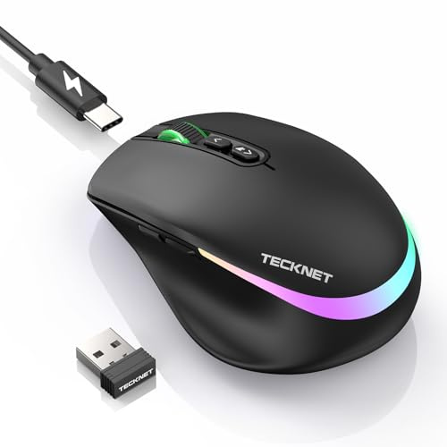 TECKNET Kabellose Maus mit Jiggler, 4800 DPI Wiederaufladbar Ergonomische Maus, 6 DPI-Einstellungen & LED-Beleuchtung, 2,4G USB Maus Kabellos, Leise Funkmaus für Laptop PC Computer Windows, Schwarz
