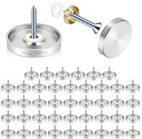 32 Stück 30mm Zierschrauben Edelstahl, Spiegelschrauben mit Dekorative Abdeckkappe & Unterlegscheibe, Rostfreie Panelschrauben für Spiegel, Möbel, Teetische, Kleiderschränke, Werbeschilder (Silber)