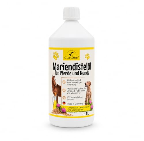 Canifee - Olio di cardo mariano per cani e cavalli, olio alimentare naturale in bottiglia da 1 l, per supporto del fegato, digestione, pelo e pelle, adatto per la dieta Barf