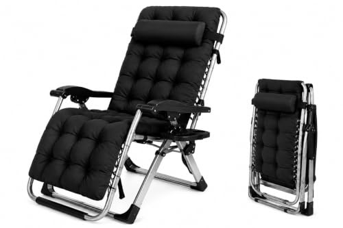 Silla Gravedad Cero Reclinable Plegable con Bloqueo Metálico Reforzado, Tumbona Jardín Exterior Acolchada con Reposacabezas Ajustable y Portavasos, para Terraza, Piscina, Playa y Camping (Negro)