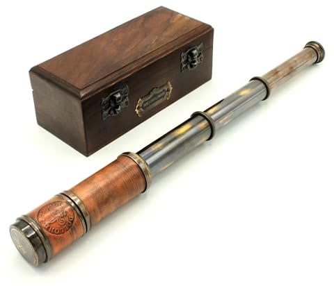 Fernrohr Teleskop Messing Leder Länge 41 cm Classic Antik Patina in Holz Box