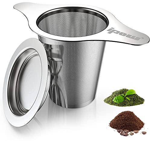 IPOW Reusable Stainless Steel Coffee Filter, Paperless Extra Fine Mesh Brew Baket, for Single Cup Coffee or Tea Maker, with Cup Coaster Lid, Home Office Travel Camping