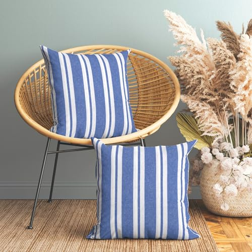 Encasa XO Kissenbezüge 2 Stück (50x50 cm) - Franca Blaue Streifen - Weiche Baumwolle Leinwand Ungefärbt Quadrat Kissenbezug Bunte Dekorative für Wohnzimmer Schlafzimmer Sofa Waschbar