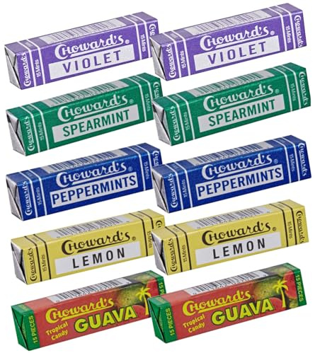 Choward's Mints Candy Variety Pack | Violet, Spearmint, Peppermint, Guava, and Lemon | Bold Aromatic Flavors | Perfect for Lunchboxes, Travel, Sharing, and Gifting | 10 Pack (15 Mints Per Package)
