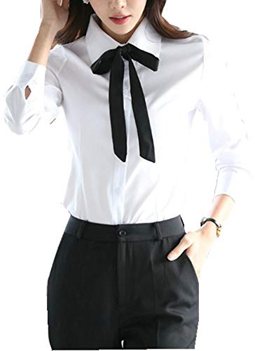 Taiduosheng Camicette da donna a maniche lunghe Camicette bianche con bottoni e lacci Camicette da lavoro, bianco, M