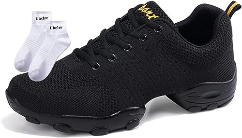 RHSMQ Herren Tanzschuhe, Casual Sports, Männer Erwachsene Fliegende Gewebtes Mesh Weiche Fitness Four Seasons Schuhe (42, Black)