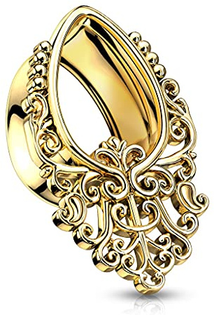 beyoutifulthings Ohr-Tunnel Filigraner Vintage Tropfen Gold Ohr-piercing Chirurgenstahl Ohr-Schmuck Plug 16-mm Sattel-Verschluss