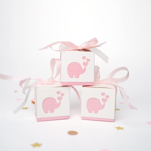 Stella Design Bomboniere Battesimo/Nascita, 48 Pezzi Bigliettini e Sacchetti, Elefante Maschio/Femmina, Scatole Portaconfetti (Rosa)