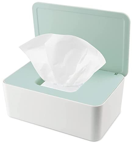 LATRAT Caja de toallitas húmedas, caja de papel higiénico, dispensador de toallitas húmedas, dispensador de papel higiénico, caja de servilletas con tapa, recipiente de plástico verde y blanco