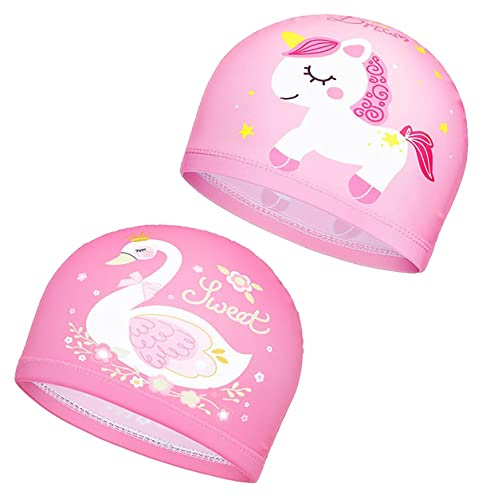 Girls 2-Pack Long Hair Swimming Caps (Age 6-14), Pink & Light Pink