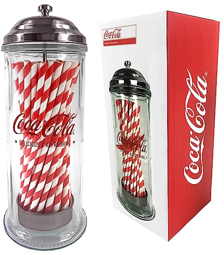 Official Coca Cola Glass Straw Holder & Dispenser | Original Coca Cola Gifts, Merchandise & Retro Kitchen Accessories, With 50 Striped Paper Drinking Straws