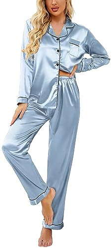 Ekouaer Pigiama da Donna in Raso, a Maniche Lunghe, con Bottoni, Biancheria da Notte con Scollo a V, Set da Due Pezzi