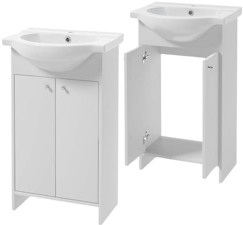 Domodomo - Armadietto da bagno con lavandino, 85 x 50 x 25,5 cm, laccato, elegante set con lavabo in ceramica, mobile bagno con lavabo (manico rotondo bianco)
