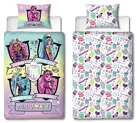 Character World Monster High - Juego de Funda de edredón para Cama Individual, diseño Feroz, Reversible, de 2 Caras, Incluye Funda de Almohada a Juego, Dormitorio de niños, polialgodón
