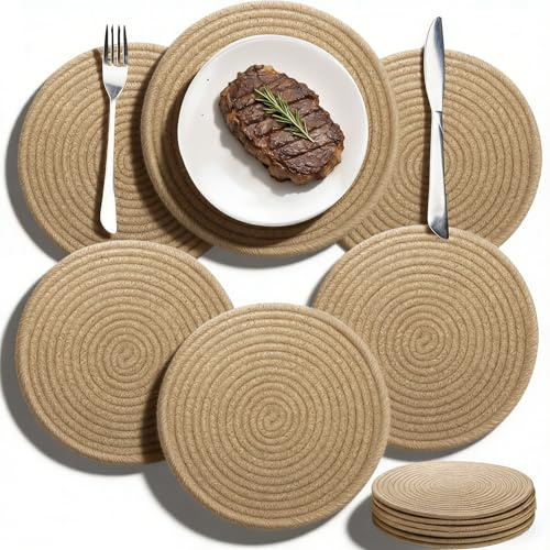 Noamus 6 Pack Round Woven Placemats, 30cm/12 Inch Jute Braided Place Mats, Natural Straw Rattan Placemats, Heat Resistant Non-Slip Mat for Kitchen Dining Table, Hot Dishes Bowls Pans Plates Pots