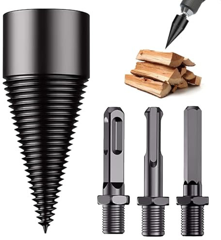 SUNYOK 1pcs Foret de Fendage Bois Cône à Fendre Bûches 32mm Fendeuse Conique pour Bois de Chauffage Outil Coupe-bois avec 3 Poignées de Perçage(Rond/Carré/Hexagonal) Noir Foret à Bois