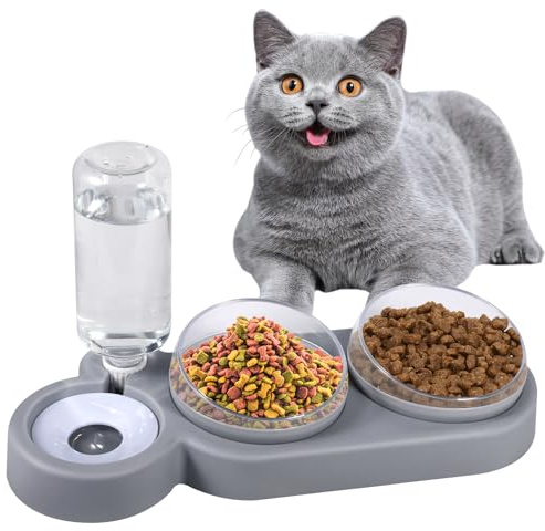 3-in-1 Katzennapf-Set mit 15° Neigung,Doppel-Futternapf für Nass- & Trockenfutter + Automatische Wasserflasche,Gesundheitsfördernd & Einfach zu Reinigen - Ideal für Katzen & Kleine Hunde