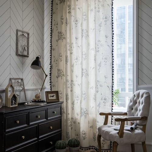 Whoiy Beigegrau Vorhang Baumwollpolyester 260 Höhe, Gedruckt Haken Gardinen Verdunklungsvorhang 2er Set für Wohnzimmer, H260 x B150 cm