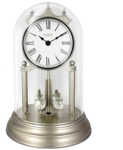 FOUNTAIN DESIGNS 9 Genevieve Mantel Clock with Revolving Pendulum, 50th Anniversary Clock Glass Dome, Wedding Gifts, Desk & Shelf Clock for Living Room Fireplace Decor (Morning Sliver)