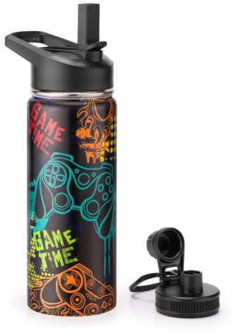 Skyflora 18oz Insulated Water Bottle with Straw Lid & Spout Lid, Game Time, Gift for Kids Boys Girls Student Sports Travel Fitness Hiking Outdoors, Double Wall, Hands Wash Only, Black