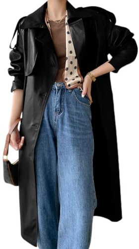 Onsoyours Ledermantel Damen Trenchcoat Herbst Elegant Mode Jacke Langer Mantel PU Leder Wintermantel Windjacke Übergangsmantel Einfarbig Revers Damenmantel B Schwarz M
