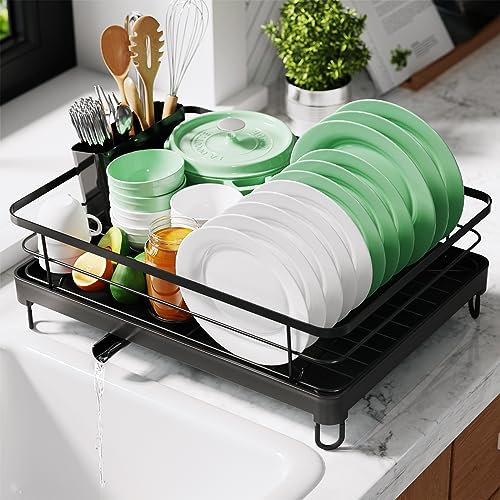 Kitsure Dish Drying Rack- Space-Saving Dish Rack, Dish Racks for Kitchen Counter, Stainless Steel Kitchen Drying Rack with a Cutlery Holder, X-Large, Black