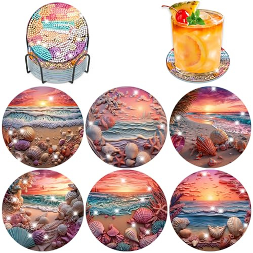 Lxmsja 6 STK Diamond Painting Untersetzer mit Halter, Diamond Painting Strand, Diamant Painting Bilder Erwachsene, Diamant Tassenuntersetzer mit Kork, Basteln Erwachsene Frauen Kinder