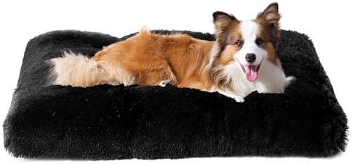 EHEYCIGA Flauschiges Hundebett Mittelgroße Hunde Waschbar, 90x60cm, Schwarz | Kuscheliger Langflor Plüsch Hundekissen, Rutschfeste Unterseite, für Kiste & Boden