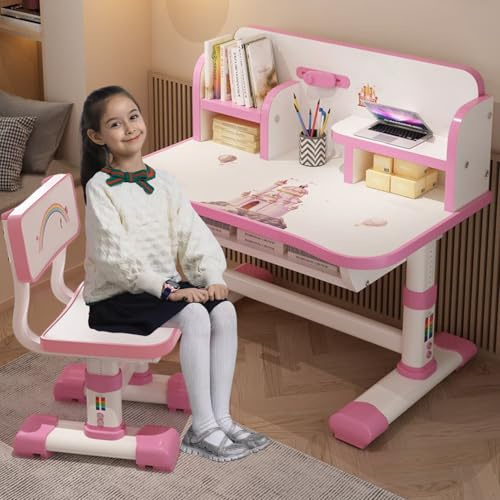 Set di sedie da scrivania per bambini, altezza regolabile, tavolo da studio per bambini, scrivania allargata con scomparto portaoggetti per casa e scuola (bianco e rosa)