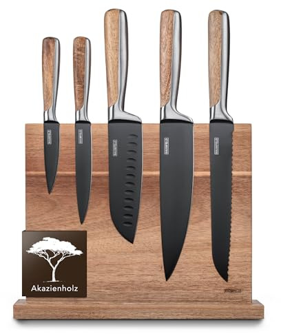 BAUMFELD 6 Teiliges Messerblock Set - Premium Edelstahl - Küchenmesser inkl. magnetischem Messerblock aus edlem Akazienholz Profi Küchenmesser Set (Keramikbeschichteter Edelstahl)
