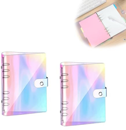 HUANR Lot de 2 classeurs à anneaux A6 - Transparent - Multicolore - 6 trous - Format A6 - Avec bouton pression - Classeur à anneaux - Classeur à anneaux A6 - Pour albums photo, agendas, dossiers