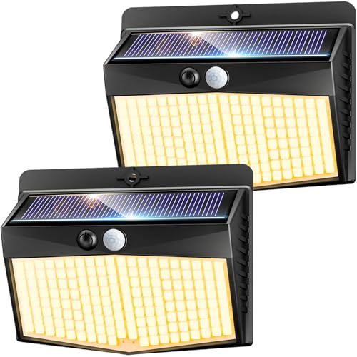 nipify Lámparas solares para exteriores con detector de movimiento, 3 modos, lámpara solar para exteriores, 168 LED, luz blanca cálida, lámpara de pared de seguridad superbrillante, IP65, resistente