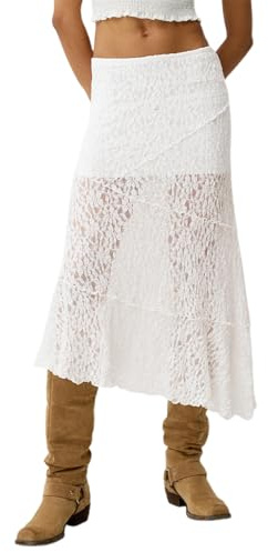 SYHVGI Women Lace Skirt, Elegant Low Waist Patchwork Summer Long Skirt Casual Half Slip Skirt Beach Cover-up (White, S)