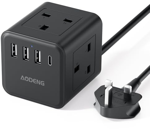 5M Extension Lead with 4 USB Slots, 4 Way (13A/3250W) Multi Plug Extension Cable, UK Desktop Power Extension Cord with Multi Socket, Extension Cable