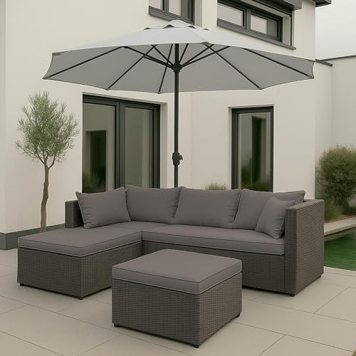 Mendler Poly-Rattan Garnitur HWC-O46 - grau Polster hellgrau | Balkon-/Garten-/Lounge-Set, Sofa, Sitzgruppe