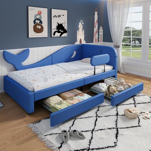 roomfitters Polster-Spleißbett mit Walförmigem Design, Tagesbett mit Metallrahmen, 2 Rollbare Schubladen, PU+MDF+Sperrholz, Blau, 90x200cm