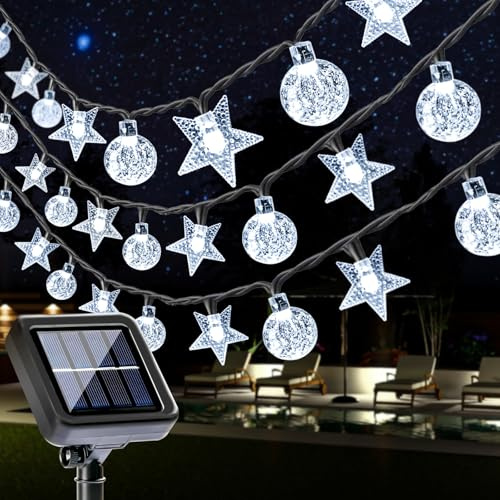 COZII Solar Garden Lights Outdoor, 60LED 10M/33FT Solar String Lights with IP65 Waterproof, 8 Modes Lighting, Crystal Ball and Stars Fairy Lights for Garden, Yard, Home, Patio, Christmas (White)