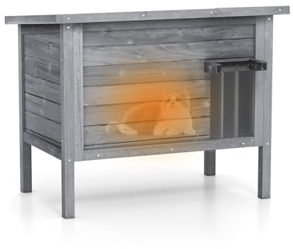 COSTWAY Cat House for Outdoor, Wooden Insulated Cats Shelter with Openable Asphalt Roof, Escape Door, Elevated Weatherproof Kitten Enclosure (Grey+Black, 88 x 55 x 71cm)