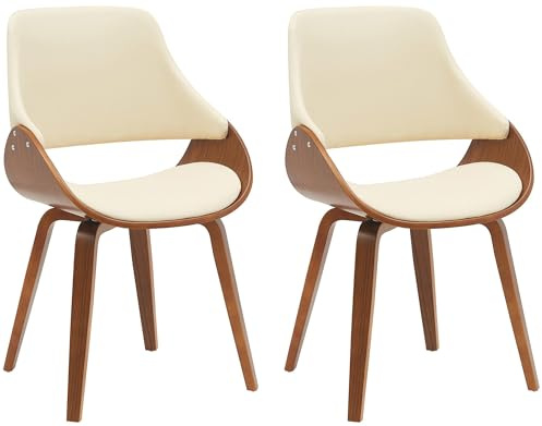 CLP Sillas Comedor Juego de 2 Vangale, con reposabrazos y Respaldo, Acolchadas, Base de Madera Curvada Color Nogal, Color:Nuez/Crema, Material:Cuero Sintetico