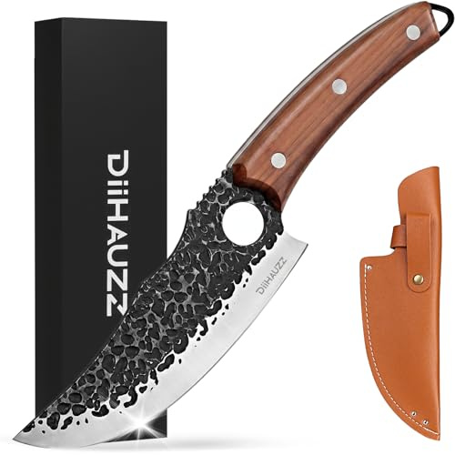 DiiHAUZZ Küchenmesser, 15 cm Messerklinge mit Lederscheide | Edelstahl, Ergonomischer Holzgriff, Scharfes Kochmesser für Outdoor