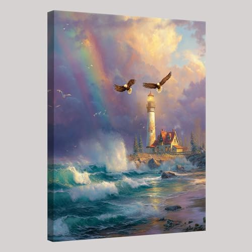 Aquarell Leinwandbild Meer-Leuchtturm-Weißkopfseeadler 30 x 20 cm Modernes Wandbild Kunstdruck mit Rahmen Aufhängefertig für Wohnzimmer Schlafzimmer Büro Flur Küche Badezimmer