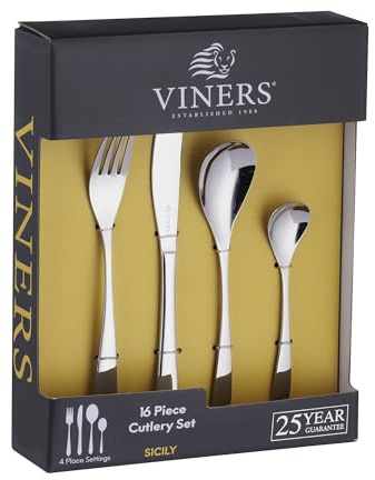 Viners Sicily 16 Pieces Cutlery Set |18/0 Stainless Steel | Teardrop Spoon Shape, Mirror Polish | Serves 4 | Dishwasher Safe